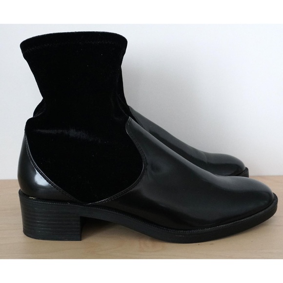 ZARA Stretch Velvet Black Faux Leather Boots Sz 38 - Picture 2 of 8